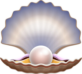 Cartoon scallop shell with pearl showcasing natural beauty and elegance in a harmonious combination. Isolated vector escallop crest adorned with lustrous sphere, symbolizing purity and ocean treasure