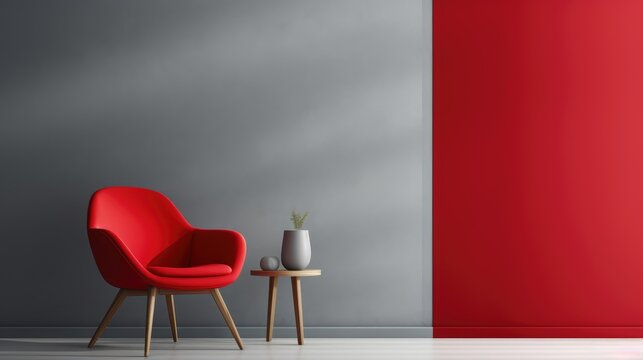 Red modern chair in empty room with shadow on wall