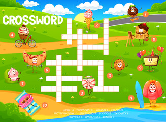 Crossword grid cartoon candy and dessert characters on summer meadow. Quiz game with vector donut, ice cream, caramel, cupcake, cookie and croissant, marshmallow, waffle or biscuit, macaroon and jelly