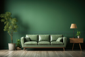 Interior design, green living room with green leather sofa. AI generative.