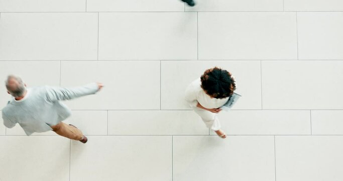 Above, high five and business people in an office in the morning for success, teamwork or motivation. Talking, goal and employees walking at work with a gesture for greeting, solidarity or winning