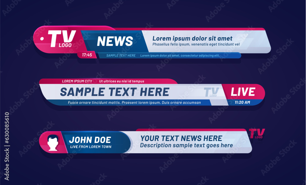 Poster news bar lower third header, tv headline that display essential information on television broadcasts