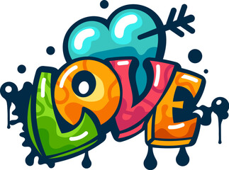 Love graffiti in street art or urban style, heart and arrow in color paint spray, vector sign. Love graffiti by airbrush or ink calligraphy artistic text, heart with arrow in urban style or street art © Vector Tradition