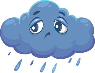 Cartoon cute rainy cloud weather character with rain droplets falling from its bottom. Isolated vector personage for stormy day forecast. Stylized sad whimsical eddy with dull sad face expression