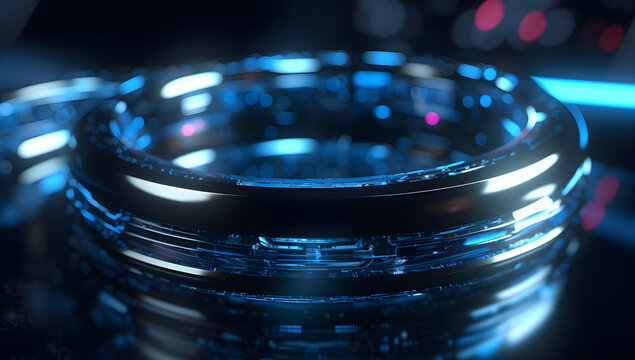 Generative AI of a futuristic torus, circular loop, quantum computer, ring with blue lights in the background, realistic hyper-detailed rendering, qbits, 8K wallpaper, desktop background