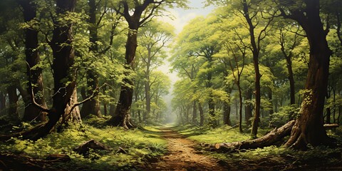Obraz premium AI Generated. AI Generative. Green summer spring forest tree park garden nature outdoor adventure landscape background with path road. Hiking travel wild decoration