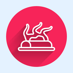 White line Campfire icon isolated with long shadow background. Burning bonfire with wood. Red circle button. Vector