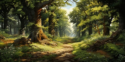 AI Generated. AI Generative. Green summer spring forest tree park garden nature outdoor adventure landscape background with path road. Graphic Art
