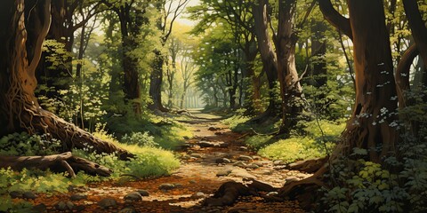 Obraz premium AI Generated. AI Generative. Green summer spring forest tree park garden nature outdoor adventure landscape background with path road. Graphic Art