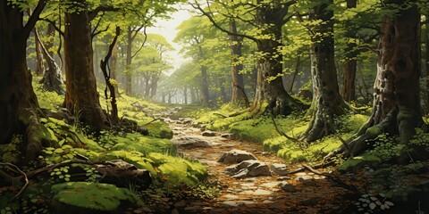 Fototapeta premium AI Generated. AI Generative. Green summer spring forest tree park garden nature outdoor adventure landscape background with path road. Hiking travel wild decoration