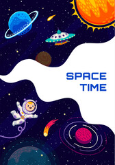 Space poster, cartoon kid astronaut in outer space and ufo at galaxy planets landscape. Vector background with funny boy cosmonaut flying in weightlessness exploring far Universe and celestial world