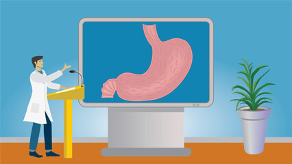 Man doctor or medical student in lecture about abdomen, stomach, standing in front of big monitor screen in lecture hall. Dimension 16:9. Vector illustration.