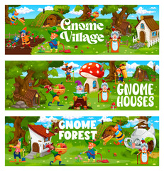 Cartoon gnome and elf characters at fairytale village. Vector horizontal banners with cute dwarfs or hobbits whimsical personages gardening, harvesting, care of plants in fantasy town with funny homes