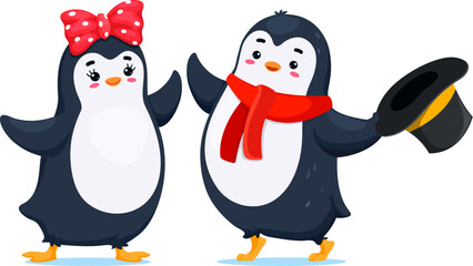 Cartoon cute funny penguin characters. Adorable birds couple, boy wear top hat and scarf and girl with bow on head. Isolated vector friendly personages bring laughter and joy with their playful antics