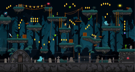 Cemetery game level map, ui vector night graveyard background with monsters on jumping platforms, ghosts wander among the graves, creepy trees, wooden ladders and trunks, bonus coins and assets © Vector Tradition