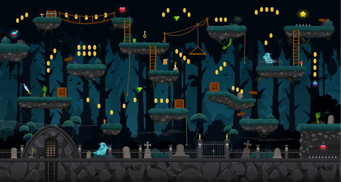 Cemetery game level map, ui vector night graveyard background with monsters on jumping platforms, ghosts wander among the graves, creepy trees, wooden ladders and trunks, bonus coins and assets