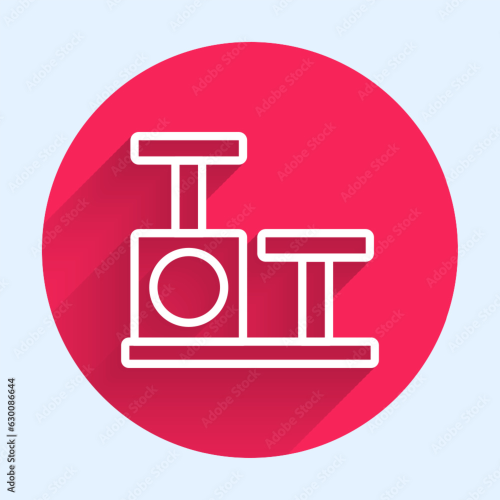 Poster white line cat scratching post with toy icon isolated with long shadow background. red circle button