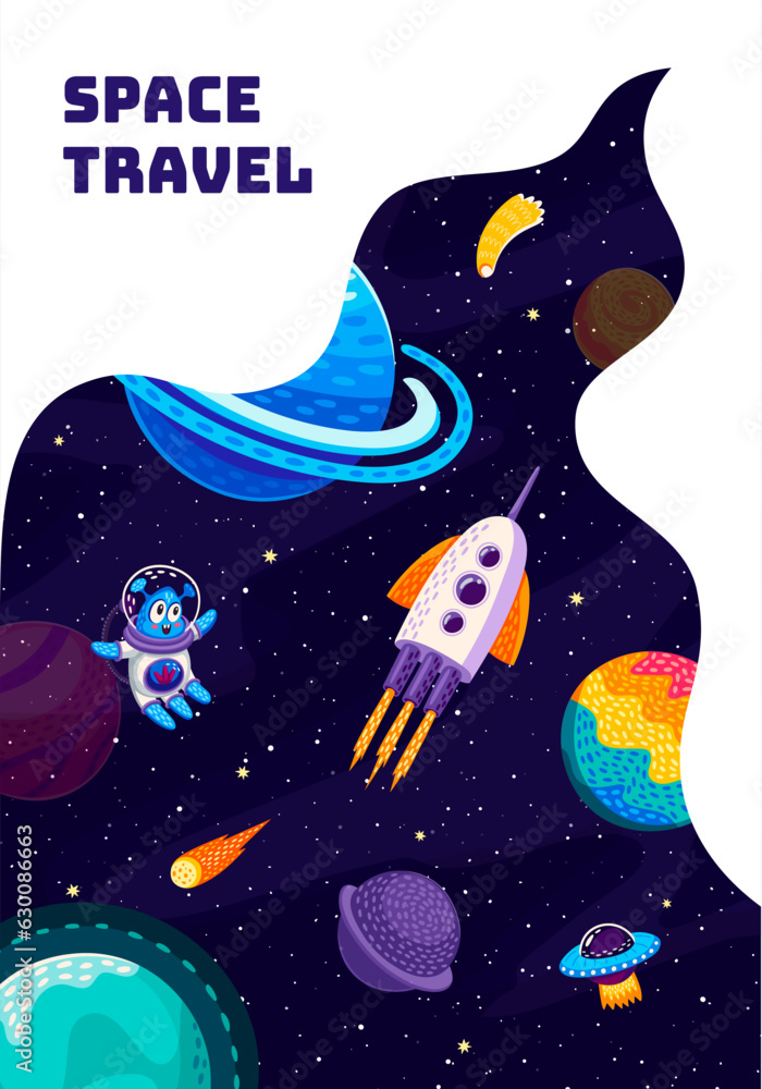Poster space travel poster. cartoon flying rocket space ship and alien at starry galaxy. vector background 