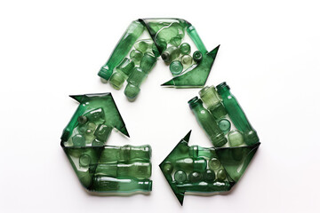 Recycling sign made from plastic and glass bottles isolated on white background, cutout 3d render illustration, symbol icon.