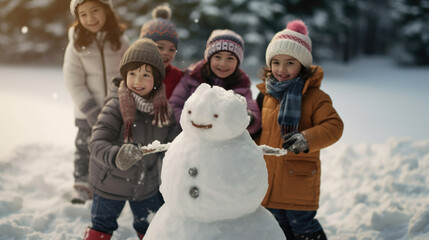 A group of children happily decorated a snowman with colorful scarves, hats and accessories. Snowman and children during christmas winter
