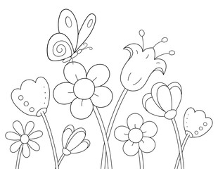 Fototapeta na wymiar butterfly and flowers coloring page. you can print it on 8.5x11 inch paper