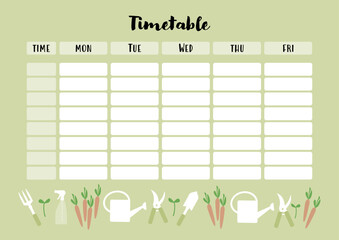 Weekly planner, school timetable with gardening theme.