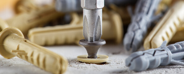 screwdriver screw and dowel in a concrete wall background