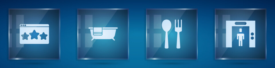 Set Five stars rating review, Bathtub, Fork and spoon and Lift. Square glass panels. Vector
