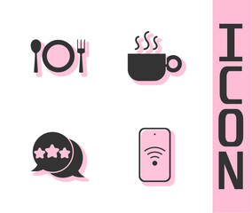 Set Mobile with wi-fi wireless, Plate, fork and knife, Five stars rating review and Coffee cup icon. Vector