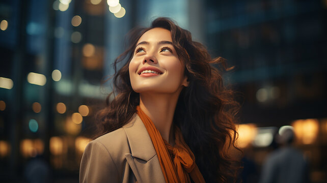 Felice ricca ricca imprenditrice asiatica di successo  grande citt&agrave; moderna strada con  grattacieli al tramonto pensando a una visione di successo, sognando nuove opportunit&agrave; di investimento