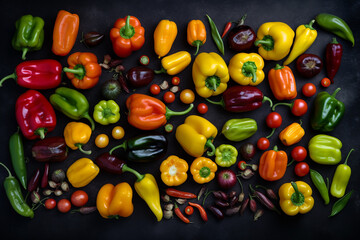 Fototapeta na wymiar Different varieties of peppers, bright food background, orange yellow, green fruits, sweet and hot peppers, paprika, wholesome healthy food, vegetarian wallpaper 