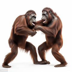 Two orangutans fight on a white background, duel battle of monkeys