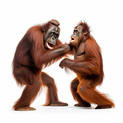 Two orangutans fight on a white background, duel battle of monkeys 