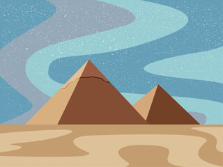Landscape with hot desert and Egyptian pyramids in Giza.