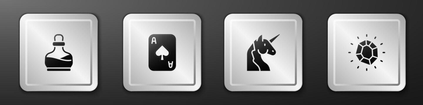 Set Bottle with potion, Playing cards, Unicorn and Magic stone icon. Silver square button. Vector
