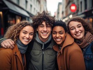 Gruppo multirazziale di amici che si divertono insieme all'aperto sulla strada della città- Giovani allegri che camminano abbracciati fuori- Concetto di stile di vita Next gen z-Studente sorridente ch
