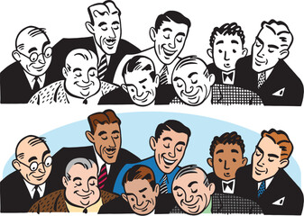 A vintage retro cartoon of a group of men all looking down at something interesting. 