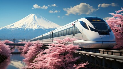 Shinkansen or bullet trains run through Mount Fuji and Shibazakura in spring. Shinkansen in Japan. - obrazy, fototapety, plakaty