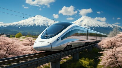 Shinkansen or bullet trains run through Mount Fuji and Shibazakura in spring. Shinkansen in Japan.