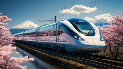 Fototapeta premium Shinkansen or bullet trains run through Mount Fuji and Shibazakura in spring. Shinkansen in Japan.
