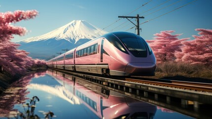 Fototapeta na wymiar Shinkansen or bullet trains run through Mount Fuji and Shibazakura in spring. Shinkansen in Japan.