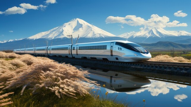 Shinkansen or bullet trains run through Mount Fuji and Shibazakura in spring. Shinkansen in Japan.