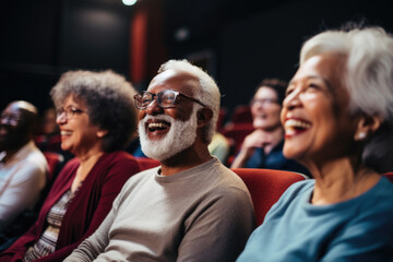 Fototapeta premium Happy elderly diverse people laughing sitting on chairs in theatre watching performance.