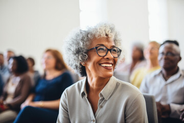 Portrait of senior gray-haired woman wearing glasses sitting at business meeting.