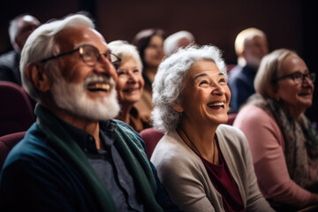 Happy elderly people sitting in theater watching performance.