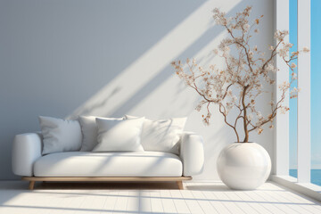 Interior design, white living room, white sofa and potted plant. AI generative.