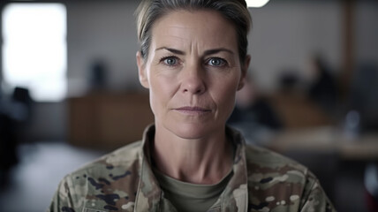 Portrait of serious middle aged woman in camouflage military uniform  looking in camera indoors