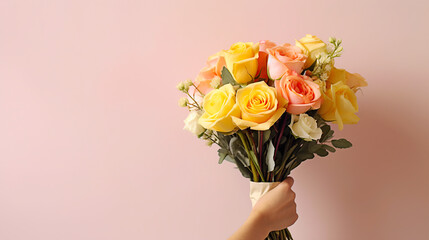 Hand holding a bouquet of pastel colors roses  close-up on a peach color background, copy space.