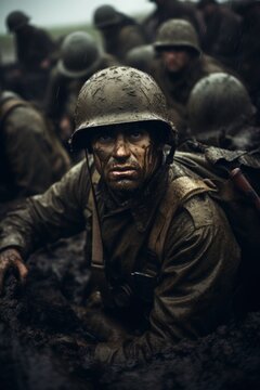 Soldiers Of War In Trenches And Mud Nearby. Generative AI