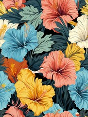 watercolor illustration of tropical leaves and hibiscus patterns. Generative AI